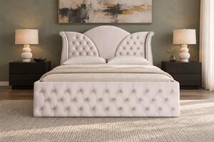 Pat tapițat Chesterfield din catifea Velora Deluxe Classic 140×200 cm, crem, cu ladă de depozitare