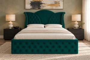 Pat tapițat Chesterfield din catifea Velora Deluxe Classic 140×200 cm, verde, cu ladă de depozitare