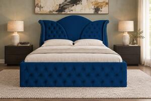 Pat tapițat Chesterfield din catifea Velora Deluxe Classic 140×200 cm, bleumarin, cu ladă de depozitare