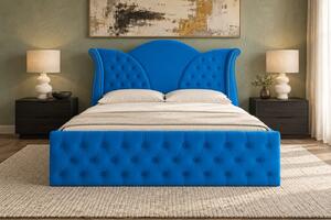 Pat tapițat Chesterfield din catifea Velora Deluxe Classic 140×200 cm, albastru, cu ladă de depozitare