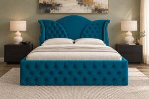 Pat tapițat Chesterfield din catifea Velora Deluxe Classic 140×200 cm, turcoaz, cu ladă de depozitare