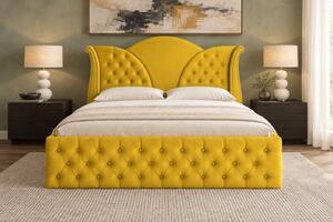 Pat tapițat Chesterfield din catifea Velora Deluxe Classic 140×200 cm, galben muștar, cu ladă de depozitare
