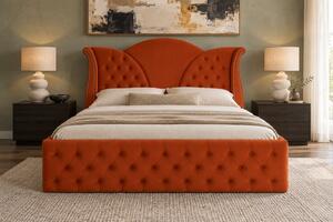 Pat tapițat Chesterfield din catifea Velora Deluxe Classic 140×200 cm, cărămiziu, cu ladă de depozitare