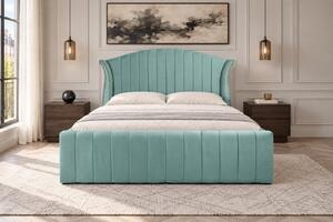 Pat tapițat din catifea Velluto Line 140×200 cm, verde marin, cu ladă de depozitare