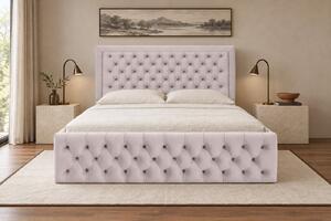 Pat tapițat Chesterfield din catifea Ophelia Deluxe 120×200 cm, crem, cu ladă de depozitare