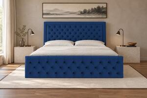 Pat tapițat Chesterfield din catifea Ophelia Deluxe 120×200 cm, albastru, cu ladă de depozitare