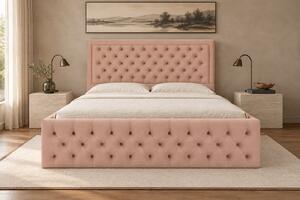 Pat tapițat Chesterfield din catifea Ophelia Deluxe 120×200 cm, cappuccino, cu ladă de depozitare