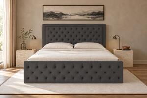 Pat tapițat Chesterfield din catifea Ophelia Deluxe 120×200 cm, gri închis, cu ladă de depozitare