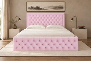 Pat tapițat Chesterfield din catifea Ophelia Deluxe 120×200 cm, roz, cu ladă de depozitare