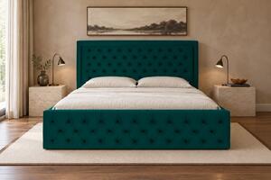 Pat tapițat Chesterfield din catifea Ophelia Deluxe 120×200 cm, verde, cu ladă de depozitare