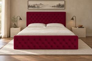 Pat tapițat Chesterfield din catifea Ophelia Deluxe 120×200 cm, vișiniu, cu ladă de depozitare