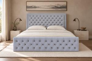 Pat tapițat Chesterfield din catifea Ophelia Deluxe 120×200 cm, gri deschis, cu ladă de depozitare