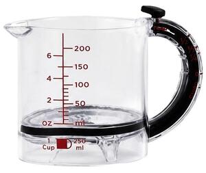 Cană gradată ajustabilă de 250 ml, transparentă, cu cioc de turnare și mâner negru