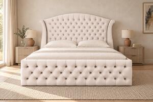 Pat tapițat Chesterfield din catifea Sorella Simple 140×200 cm, crem, cu ladă de depozitare