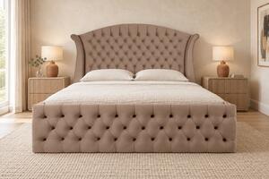 Pat tapițat Chesterfield din catifea Sorella Simple 140×200 cm, cappuccino, cu ladă de depozitare