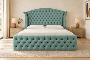 Pat tapițat Chesterfield din catifea Sorella Simple 140×200 cm, verde marin, cu ladă de depozitare