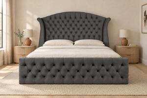 Pat tapițat Chesterfield din catifea Sorella Simple 140×200 cm, gri închis, cu ladă de depozitare