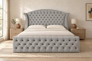 Pat tapițat Chesterfield din catifea Sorella Simple 140×200 cm, gri deschis, cu ladă de depozitare