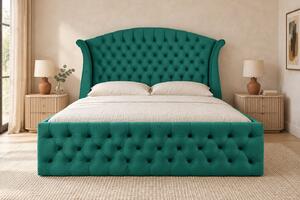 Pat tapițat Chesterfield din catifea Sorella Simple 140×200 cm, verde, cu ladă de depozitare