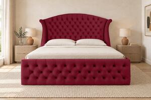 Pat tapițat Chesterfield din catifea Sorella Simple 140×200 cm, vișiniu, cu ladă de depozitare