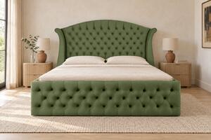 Pat tapițat Chesterfield din catifea Sorella Simple 140×200 cm, kaki, cu ladă de depozitare