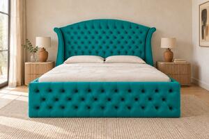 Pat tapițat Chesterfield din catifea Sorella Simple 140×200 cm, turcoaz, cu ladă de depozitare