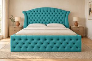Pat tapițat Chesterfield din catifea Sorella Simple 140×200 cm, albastru deschis, cu ladă de depozitare