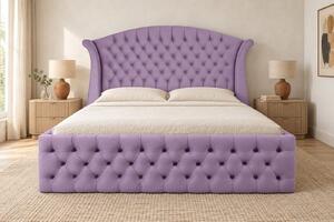 Pat tapițat Chesterfield din catifea Sorella Simple 140×200 cm, lila, cu ladă de depozitare