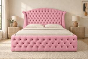 Pat tapițat Chesterfield din catifea Sorella Simple 140×200 cm, roz, cu ladă de depozitare