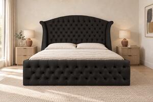 Pat tapițat Chesterfield din catifea Sorella Simple 140×200 cm, negru, cu ladă de depozitare