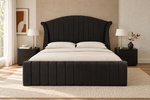 Pat tapițat din catifea Sorella Simple Line 140×200 cm, negru, cu ladă de depozitare