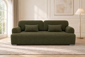 Canapea extensibilă Celeste din boucle, verde olive, cu ladă de depozitare