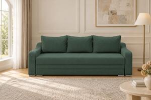 Canapea extensibilă Mirella din stofă, verde marin, cu ladă de depozitare