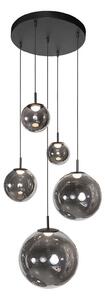 Steinhauer Lampă suspendată LED Bollique, 5 becuri. rotundă, negru, sticlă, reglabil, Negru, Camera de zi / sufragerie, Sticlă, glob