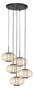 Anne Light Lampă suspendată Silva, 5 becuri, rotundă, neagră, cu tije din bambus, reglabil, Lemn, Camera de zi / sufragerie, Metal