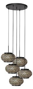 Steinhauer Lampă suspendată NoxLight, 5 becuri, rotundă, neagră, împletitură de bambus, reglabil, Negru, Camera de zi / sufragerie, Metal