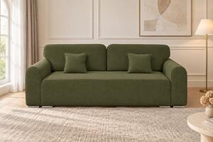 Canapea extensibilă Fiorella din boucle, verde olive, cu ladă de depozitare