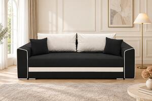 Canapea extensibilă Ondina din stofă, negru + crem, cu ladă de depozitare