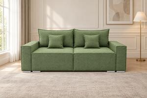 Canapea extensibilă Tessa din stofă, verde salvie, cu ladă de depozitare