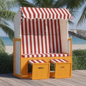 Scaun de plajă cu baldachin, roșu/alb, poliratan și lemn masiv
