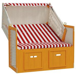 Scaun de plajă cu baldachin, roșu/alb, poliratan și lemn masiv