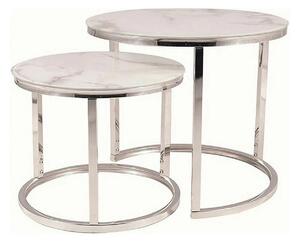 Set 2 masute cafea ATLANTA B II, alb cu efect de marmura/crom, sticla/