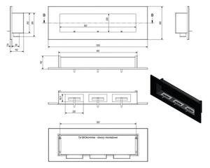 Șemineu bioetanol încorporabil Delta 3, 120x40 cm, 3x0,2l, negru