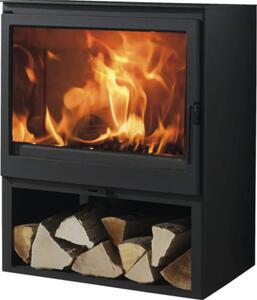 Șemineu pe lemne Panadero Acacia oțel negru 9,8 kW cu spațiu depozitare lemne