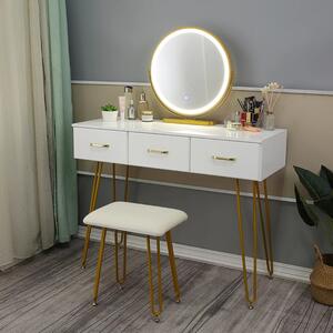 Set SANDRA, Masă de toaletă pentru machiaj cu oglindă iluminată LED, control touch, 3 sertare, taburet tapitat, Alb, 100 cm