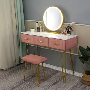 Set CARLA, Masă de toaletă pentru machiaj cu oglindă iluminată LED, control touch, 3 sertare, taburet, catifea, Roz, 100 cm