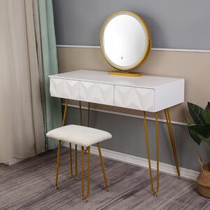 Set TABOR, Masa de toaleta pentru machiaj, cu oglinda iluminata banda LED, 3 sertare, scaun, Alb, 100 cm