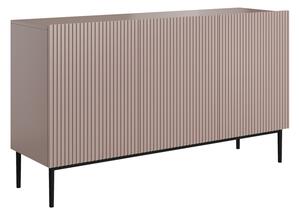 Comodă Nicole 150 cm cu trei uși, fronturi riflate - roz antic MDF / picioare negre