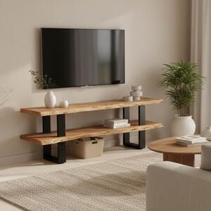 Comoda TV Fuzira din lemn masiv de acacia, cu picioare metalice negre, 140 x 40 x 52 cm