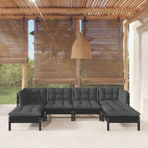Set mobilier de grădină cu perne, 6 piese, negru, lemn de pin